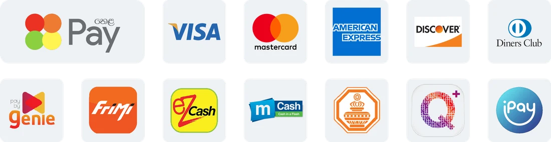 Accepted payment methods: LankaPay, Visa, Mastercard, American Express, Discover, Diners Club, and mobile wallets and bank apps including Genie, FriMi, eZ Cash, mCash and iPay